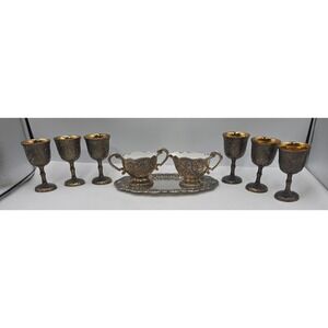 Vintage Raimond Silver Plate Repousse 9pc Set Goblets Cream Sugar Tray Japan 60s
